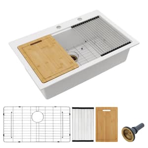 33 in. Drop In Single Bowl White Quartz Composite Workstation Kitchen Sink with Bottom Grids and Gold Strainer