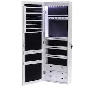 Whole Mirror 6-Drawers Wooden Wall Hanging White Jewelry Armoire with 8 Blue LED 42.5 in. H x 14.3 in. W x 4.8 in. D