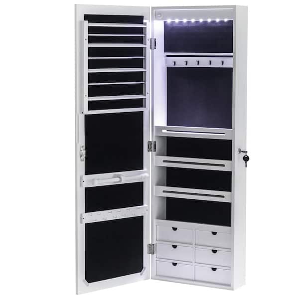 Winado Whole Mirror 6-Drawers Wooden Wall Hanging White Jewelry Armoire with 8 Blue LED 42.5 in. H x 14.3 in. W x 4.8 in. D