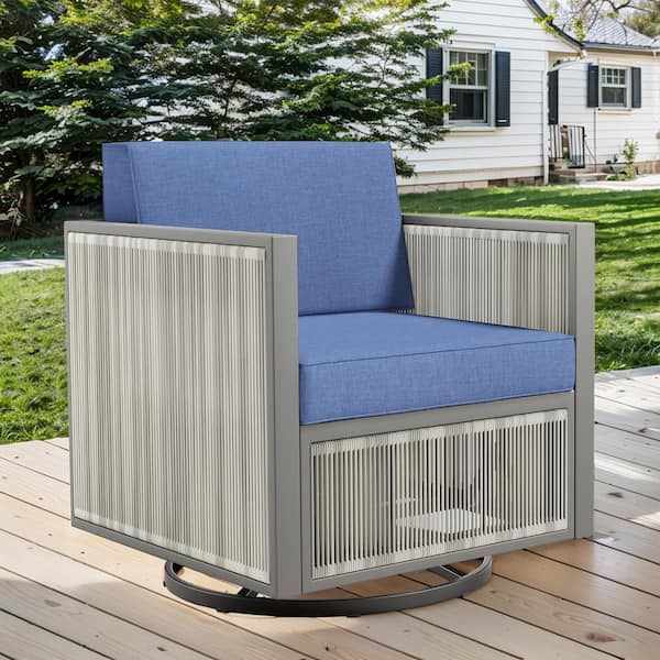 SquareChic Metal and Light Beige Wicker Outdoor Rocking Chair Patio Swivel Chairs with Olefin Navy Blue Cushions