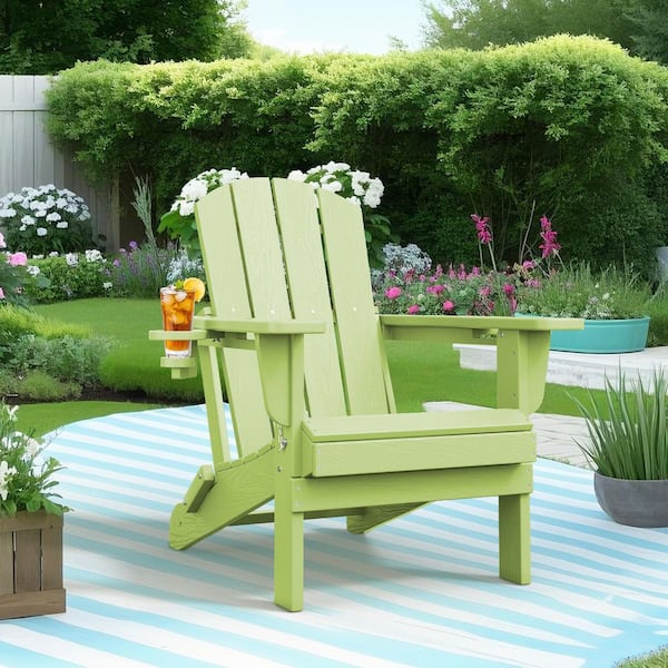 JEAREY Classic Apple Green Folding HDPE Adirondack Chairs with 2-Cup Holders-Weather Resistant Patio Outdoor Chair (Set of 1)