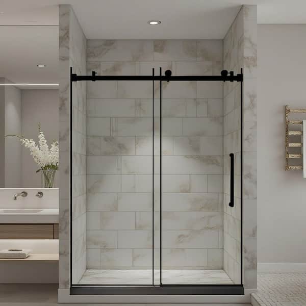 56-60 in. W x 76 in. H Single Sliding Frameless Shower Door in Matte Black with Clear Glass