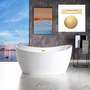 Greenfield 59 in. Acrylic FlatBottom Double Slipper Bathtub with Brushed Gold Overflow and Drain Included in White