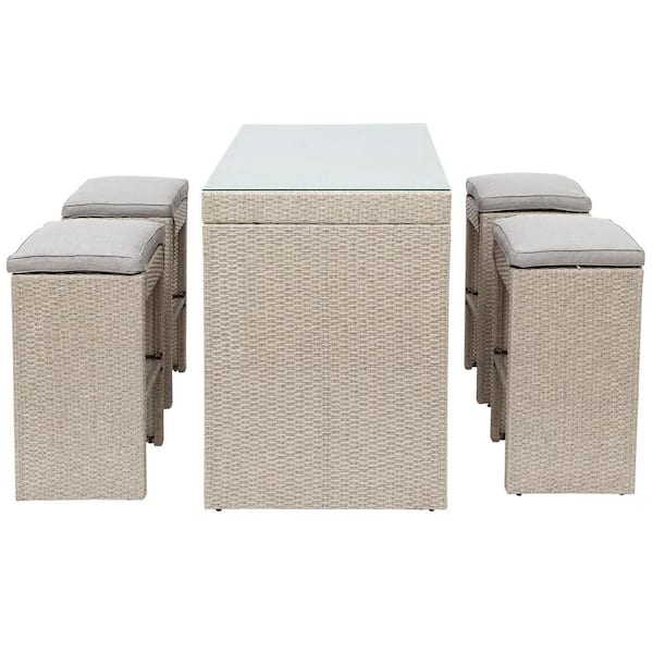 BTMWAY Brown 5-Piece PE Wicker Outdoor Bistro Set with Brown Cushions Patio Furniture Set Bar Dining Table Set with 4 Stools