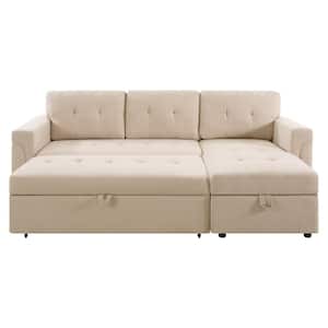 78 in W Beige, Reversible Velvet Sleeper Sectional Sofa Storage Chaise Pull Out Convertible Sofa in. Beige