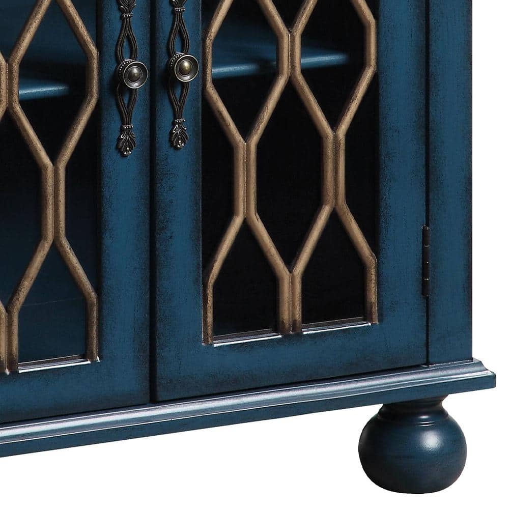 Antique Blue Wooden Console Table with Glass Accents and Storage