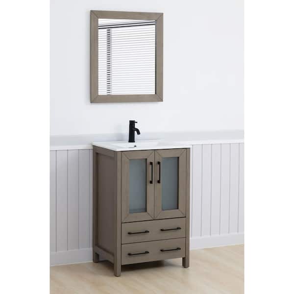 24 in. W x 18.1 in. D x 35.8 in. H Single Basin Driftwood Gray Bath Vanity with White Ceramic Top and Mirror