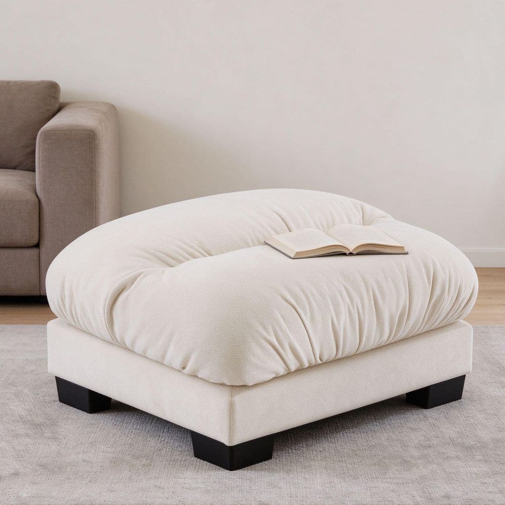 Beige Chenille Rectangle Accent Ottoman