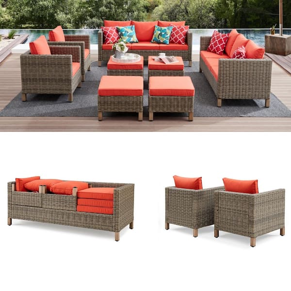 8-Piece Wicker Patio Conversation Set with Orange Cushions