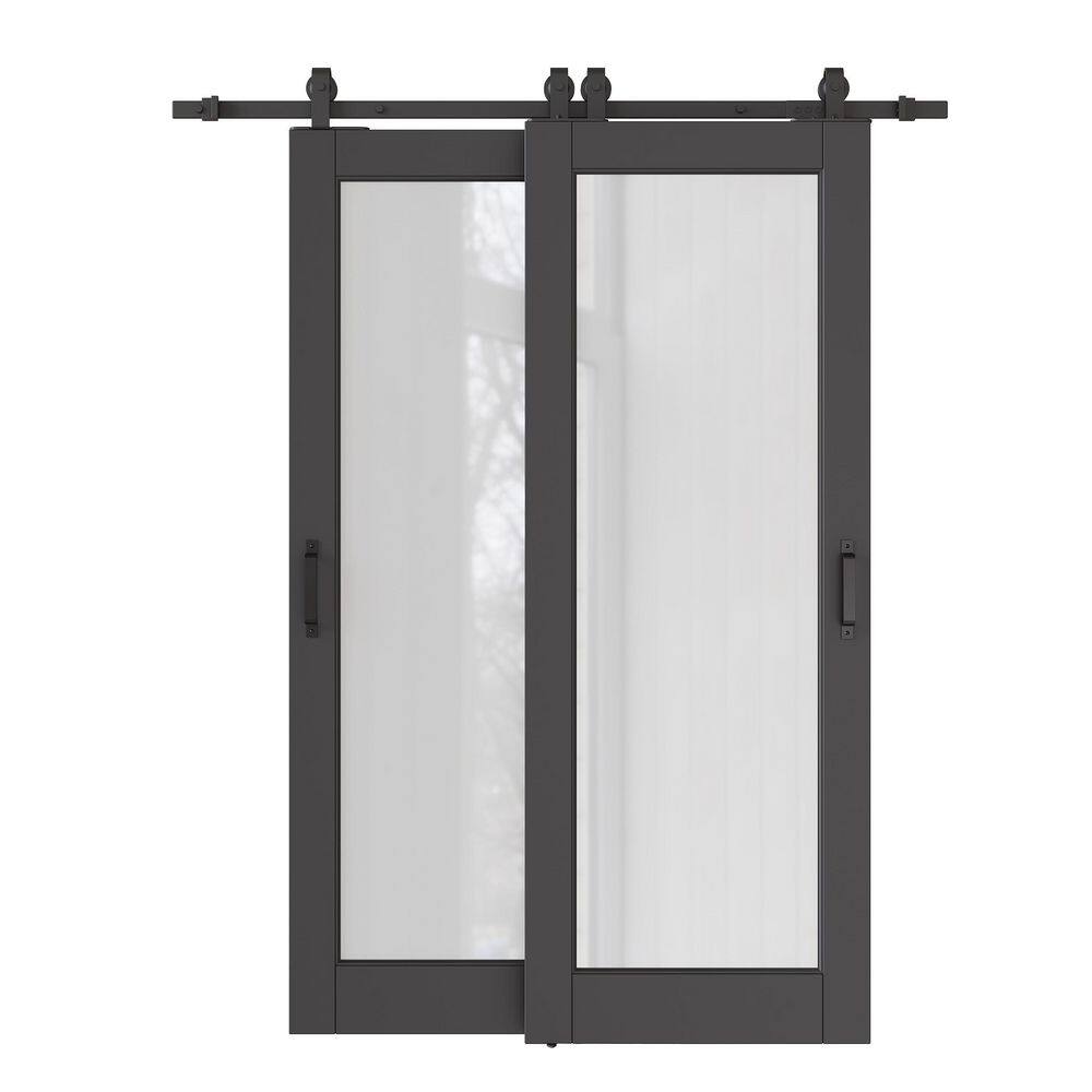 40 in. x 80 in. (Double 24 in. ) 1-Lite Frosted Glass Black Finished MDF Sliding Barn Door with Hardware Kit Bypass price history on PriceWatchPro