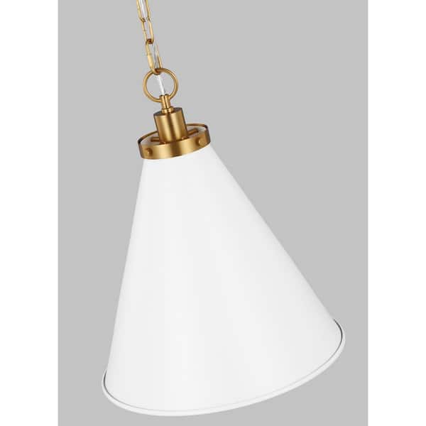 Generation Lighting - Wellfleet 15.625 in. W x 19 in. H 1-Light Matte White/Burnished Brass Medium Cone Pendant Light with Steel Shade