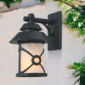 Modern Black Outdoor Wall Light, 1-Light Farmhouse Cage Outdoor Wall Lantern Sconce with Rustic Frosted Glass