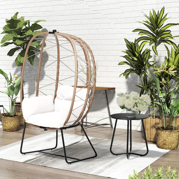 JEAREY Woven Beige Wicker Outdoor Lounge Egg Chair with Coffee Table and Beige Cushion