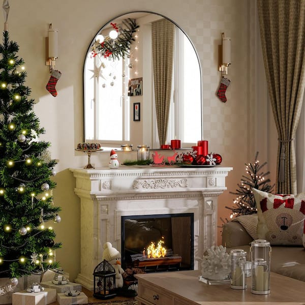 XRAMFY 32 in. W x 34 in. H Arched Black Modern Aluminum Alloy Framed Wall Mirror