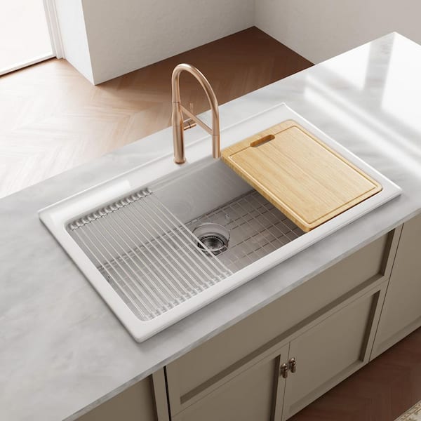 36 in. x 22 in. White Drop-In Kitchen Sink, Fireclay Workstation Deep Single Bowl, Offset Drain Opening and Faucet Hole