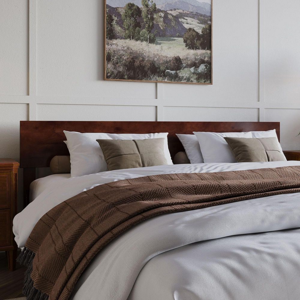 Aria King Walnut Wood Low Profile Platform Bed with Headboard