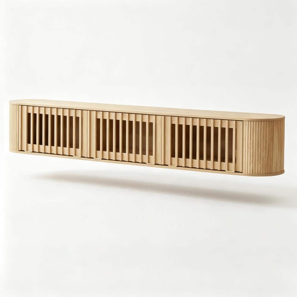 ATHMILE 70.86” Natural Fluted Wall Mount Floating TV Console with Flip Slatted Doors, Wall Hanging Media Entertainment Cabinet