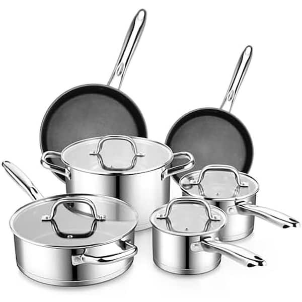 6 qt. 10-Piece Stainless Steel Cookware Set with Glass Lids, Nonstick Frying Pans, Saute Pan, Stock Pot, Saucepans