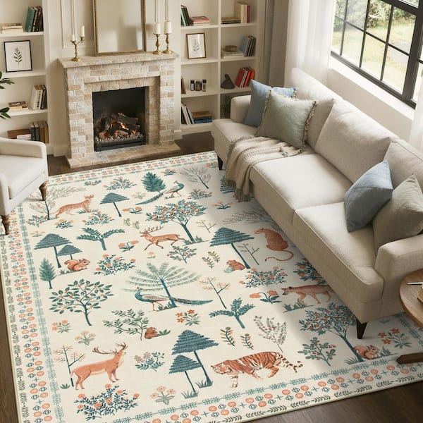 Jungle Animal Design Machine Washable Non Slip Beige 8 ft. x 10 ft. Living Room/Bedroom/Kid Room Area Rug