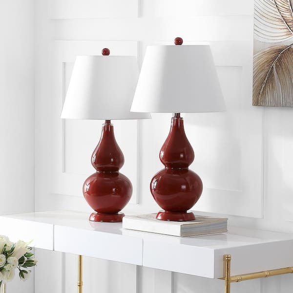 Cybil 26.5 in. Red Double Gourd Glass Table Lamp with Off-White Shade (Set of 2)