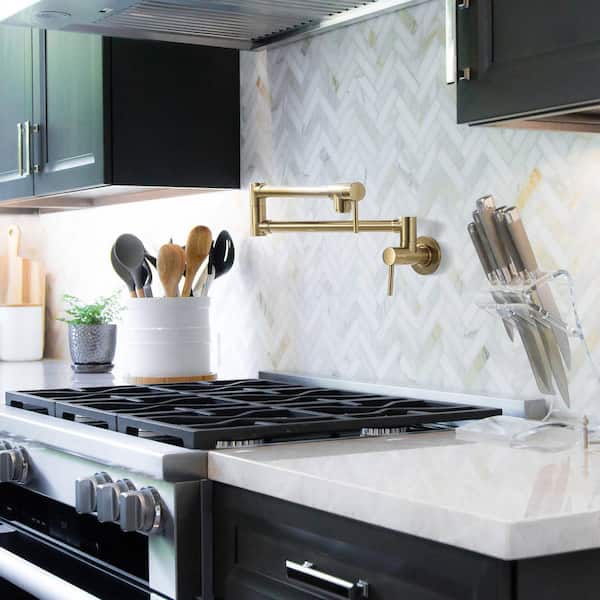 Wall-Mounted Pot Filler Faucet with Dual Handles and 360° Swing in Gold