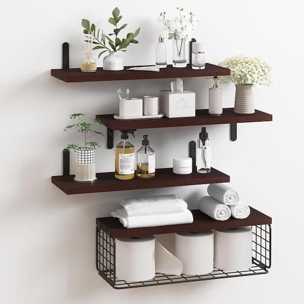 Cubilan 15.7 in. W x 5.9 in. D Walnut Brown Decorative Wall Shelf, 4 plus 1 Tier Floating Shelves