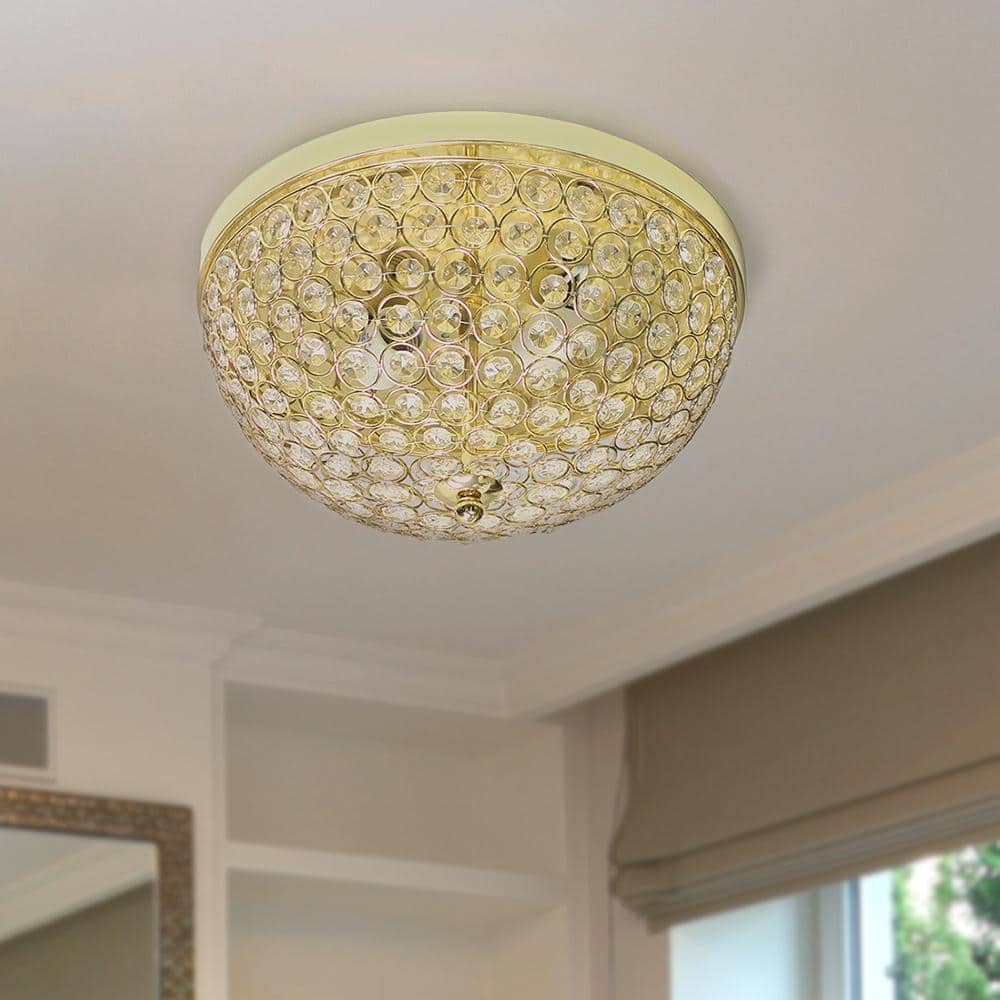 Glamorous Gold Crystal 15" Incandescent Bowl Ceiling Light