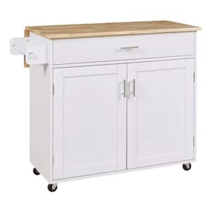 White Wooden 39 in. Kitchen Island with 1 Drawer, Internal Storage Rack and Rubber Wood Top, Rolling Type