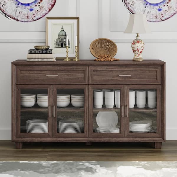 Brown Woodgrain Finish Wood 63 in. Sideboard with Adjustable Shelves and 2 Storage Drawers