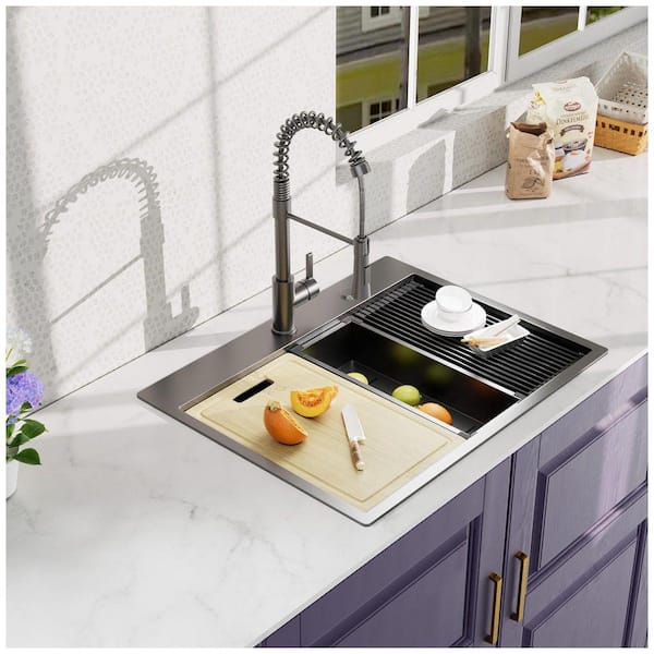 27 in. Drop-In/Topmount Single Bowl 18 Gauge Gunmetal Black Stainless Steel Kitchen Sink with Faucet and Worksation