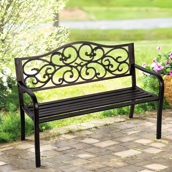 Dovelina 50 in. Metal Outdoor Garden Bench Patio Garden Bench Wave Pattern in Antique Bronze