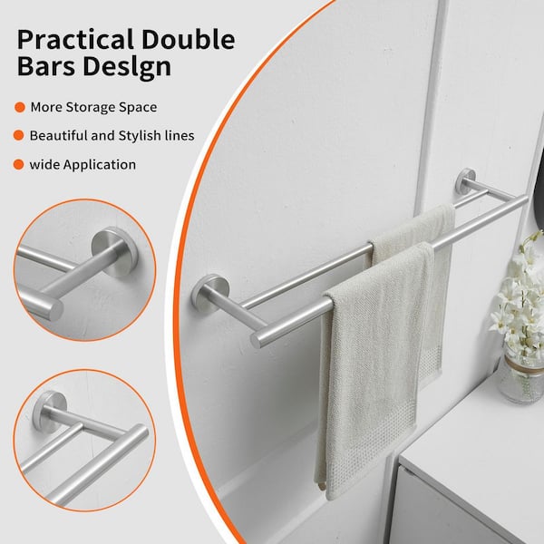 Bathroom 24 in. Wall Mounted Double Towel Bar Towel Holder in Brushed Nickel