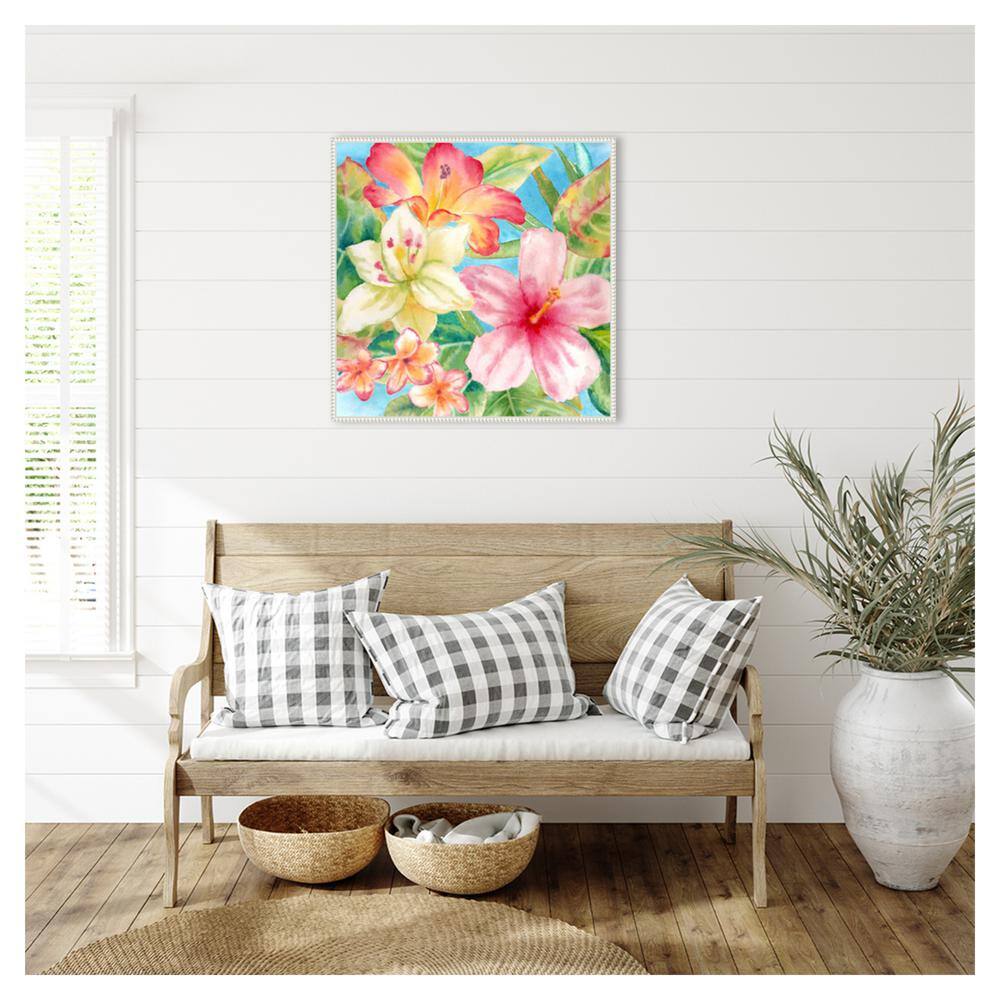 Tropical Island Florals Giclee Print on Canvas with White Frame