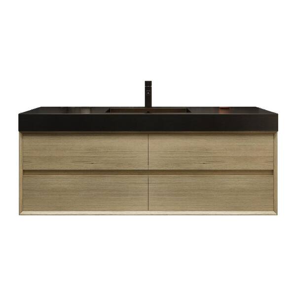 MIA 59 in. W. x 20 in. D x 24 in. H Single Sink Floating Bath Vanity in Teak Oak with Black Stainless-Steel Top