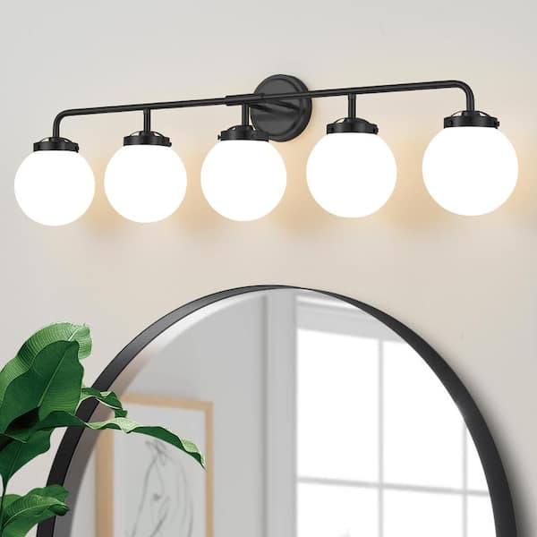 Deyidn 38.98 in. 5-Light Black Bathroom Vanity Light with Opal Glass ...