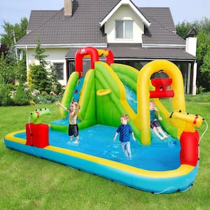 157.5 in. x 132 in. x 90.5 in. Cloth Yellow Outdoor Inflatable Splash Water Bounce House Jump Slide w/Blower