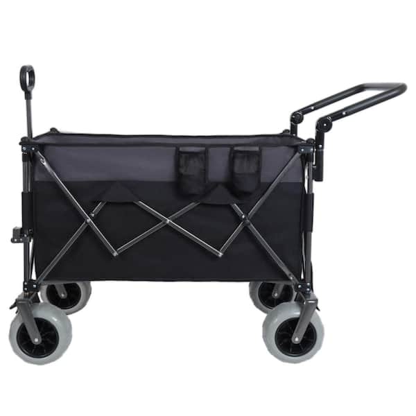 10.5 cu. ft. Steel Push-Pull Folding Utility Wagon Garden Cart with Handle, Brakes, Pockets, Cup Holders in Black