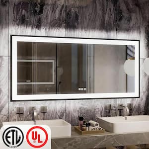 60 in. W x 28 in. H Rectangular Framed LED Anti-Fog Wall Bathroom Vanity Mirror in Black with Backlit and Front Light