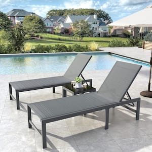 Chaise Lounge Outdoor 3 Pieces Pool Lounge Chair, Adjustable Lounge Poolside Lay Flat Backrest with Table (Grey)