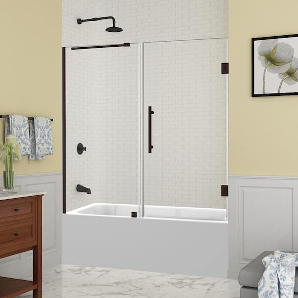 Aston Belmore 59.25 in. to 60.25 in. x 60 in. Frameless Hinged Tub Door in Bronze