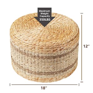 12 in. H Natural Brown with Stripes Hand Woven Seagrass Filled Round Pouf