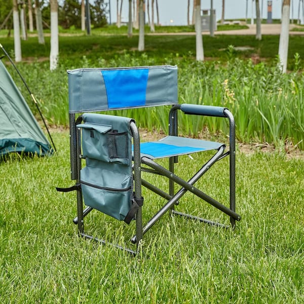 Steel Outdoor Blue Plus Grey Folding Lawn Chair Attached Side Table and Storage Pockets Convenient and Portable