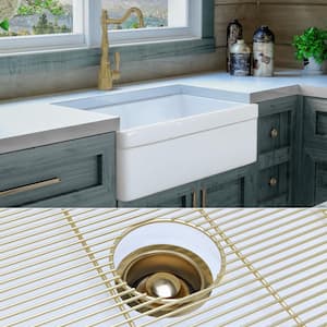 Luxury White Solid Fireclay 30 in. Single Bowl Farmhouse Apron Kitchen Sink with Matte Gold Accs and Belted Front