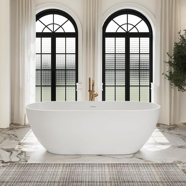 Norea 59 in. x 29 in. Solid Surface Stone Resin Flatbottom Freestanding Double Slipper Soaking Bathtub in Matte White
