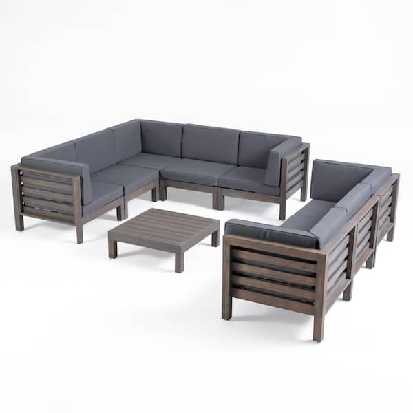 Noble House Oana Grey 9-Piece Wood Outdoor Patio Conversation Sectional Seating Set with Dark Grey Cushions