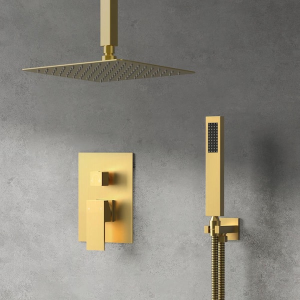 GRANDJOY Classic Rain 10 in. Single Handle 2-Spray Shower Faucet 2.5 GPM with Pressure Balance in. Brushed Gold Valve Included