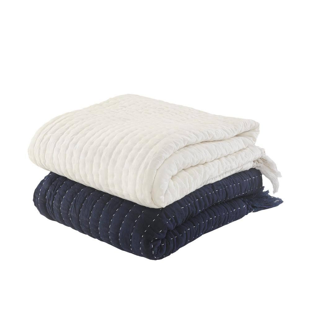 Navy and Off-White Organic Cotton Reversible Throw Blanket