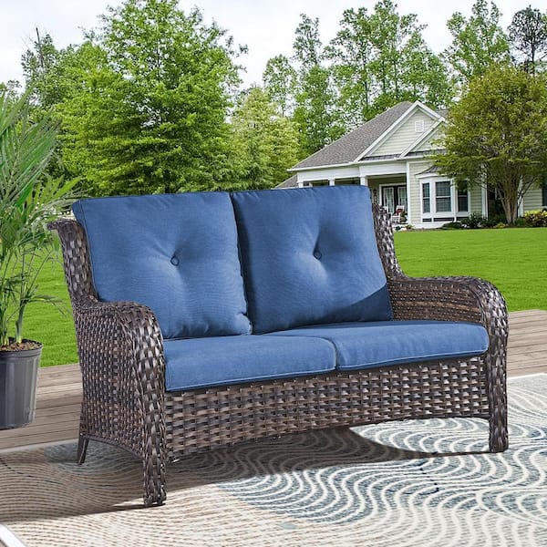 Gymojoy Carolina Brown Wicker Outdoor Loveseat with CushionGuard Blue Cushions