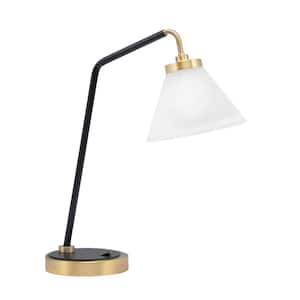 Delgado 16.5 in. Matte Black and New Age Brass Desk Lamp with White Muslin Glass