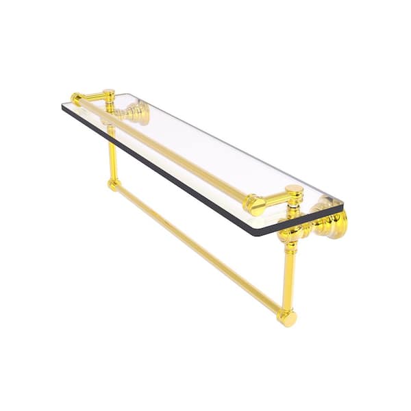 Allied Brass Carolina 22 in. W x 7.4 in. H x 5.54 in. D Glass Rectangular Shelf in Polished Brass with Integrated Towel Bar